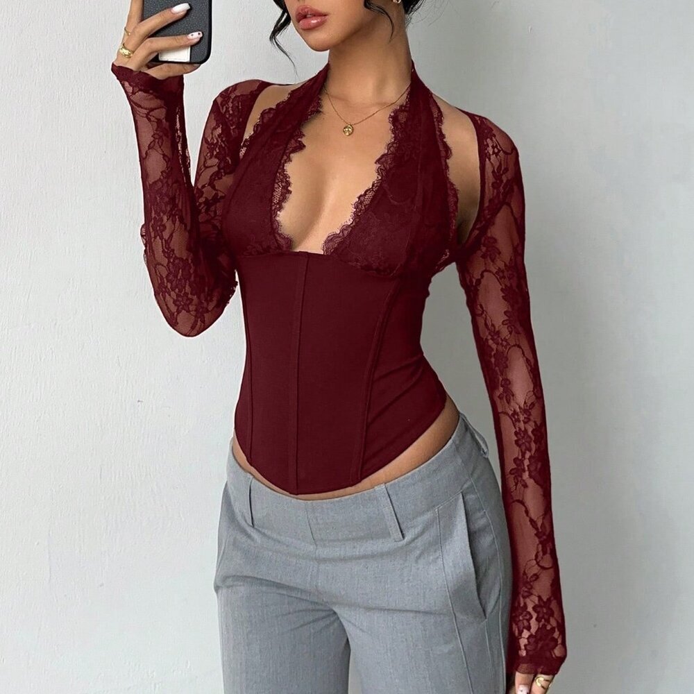 Burgundy Elegant Women's Romantic Lace Blouse